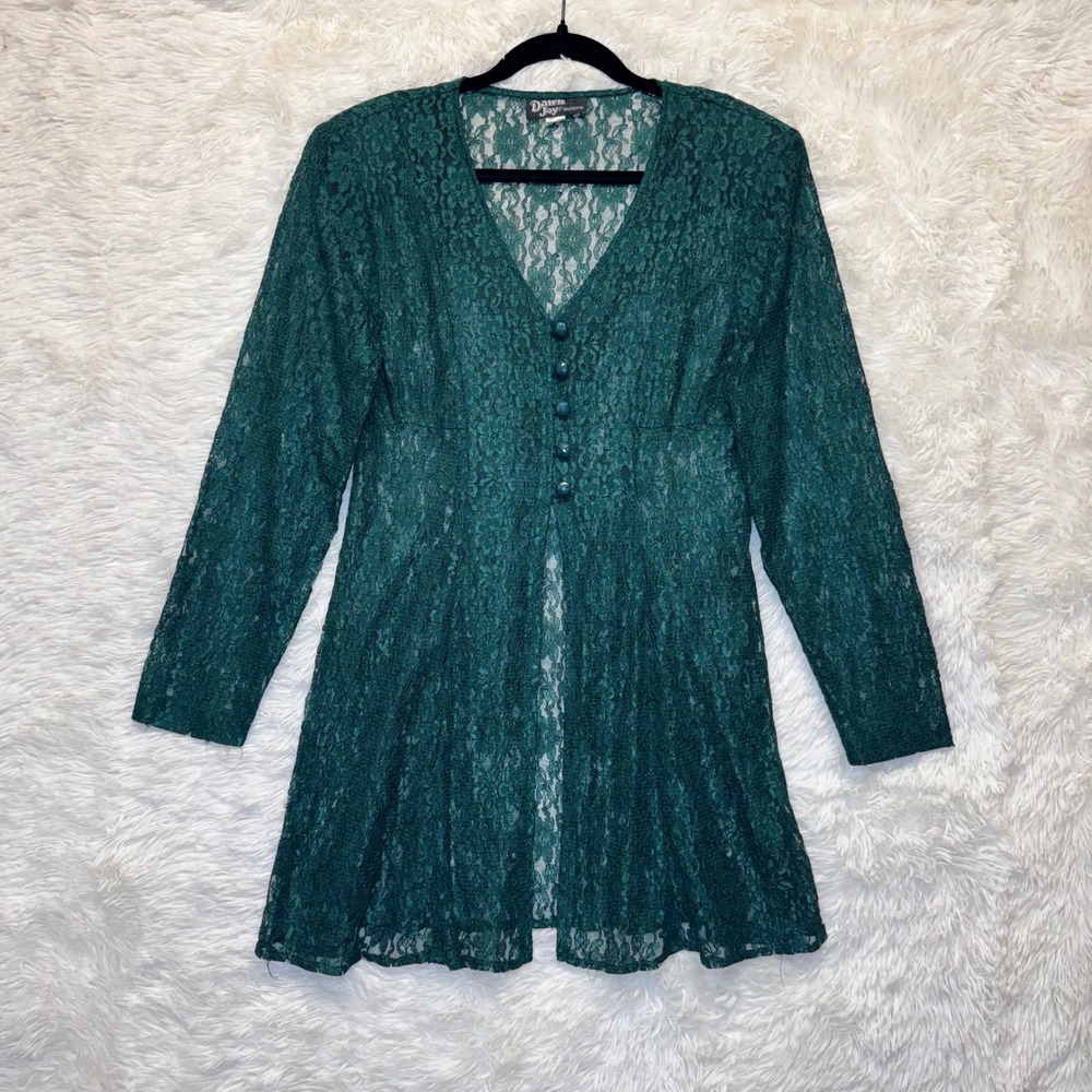 VTG 90s Dawn Joy Dark‎ Green Sheer Lace Button Duster 11/12 Fairy Whimsygoth